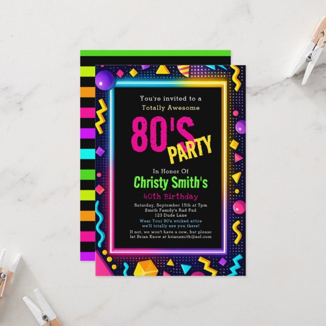 Custom Retro Neon 80's Birthday Party Einladung (Vorderseite/Rückseite Beispiel)