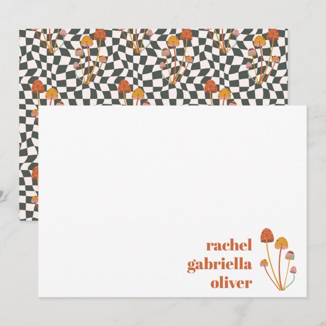 Custom Retro Orange Mushroom Checkerboard Mitzvah Dankeskarte (Vorne/Hinten)