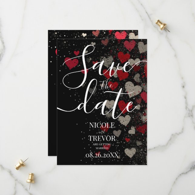 Custom Retro Red Falling Hearts Wedding Save The Date (Vorderseite/Rückseite Beispiel)