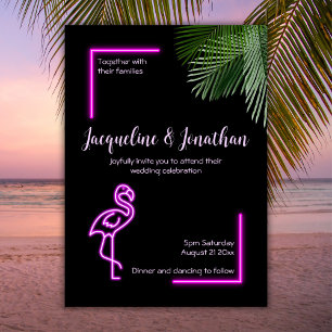 Custom Retro Tropical Neon Pink Flamingo Wedding Einladung