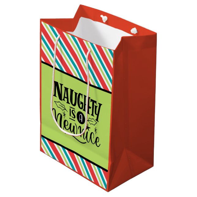 Custom Retro Weihnachten "Naughty is a New Nice" Mittlere Geschenktüte (Vorderseite Schrägansicht)