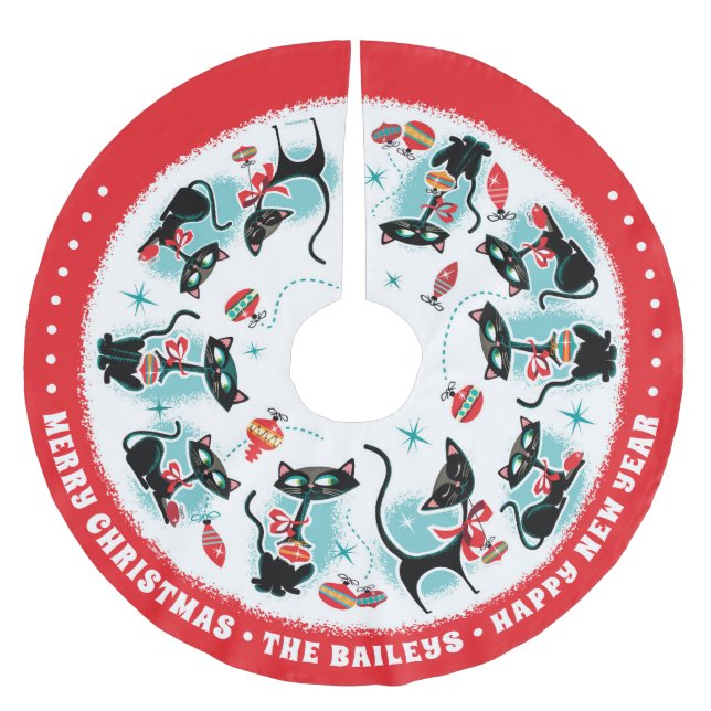 Custom Retro Weihnachtskatzen Polyester Weihnachtsbaumdecke (Vorderseite)