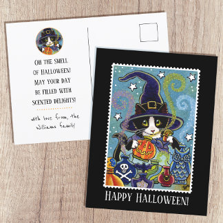 Custom "Riech von Halloween" Katze Hexe Postkarte