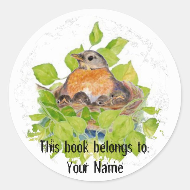 Custom Robin in Nest- Book Plate Runder Aufkleber (Vorderseite)