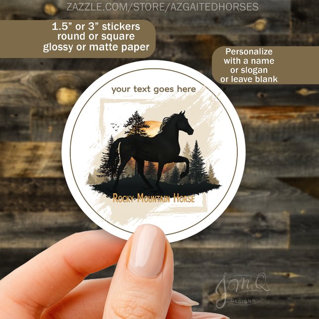 Custom Rocky Mountain Horse Sunset Silhouette Runder Aufkleber (Round sticker featuring a Rocky Mountain Horse silhouette at sunset with editable text area)