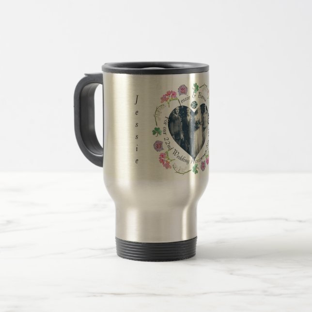 Custom Romantic Event Floral Heart Foto Reisebecher (Vorderseite Links)