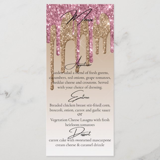 Custom Rosa Rose Gold Glitzer Tropfen Elegantes Ab Menükarte (Vorderseite)