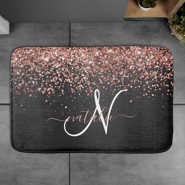 Custom Rose Gold Glitzer Black Sparkone Monogram Badematte (Von Creator hochgeladen)