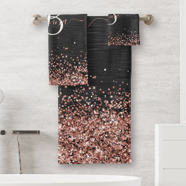 Custom Rose Gold Glitzer Black Sparkone Monogram Badhandtuch Set