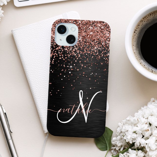 Custom Rose Gold Glitzer Black Sparkone Monogram Case-Mate iPhone Hülle (Von Creator hochgeladen)
