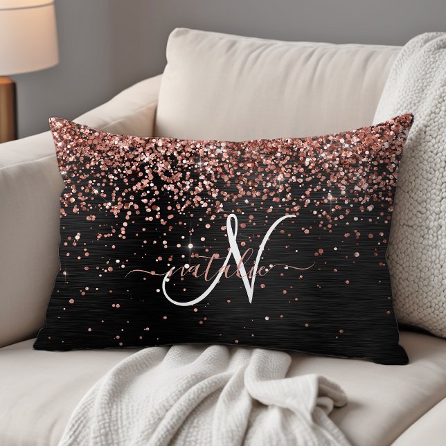 Custom Rose Gold Glitzer Black Sparkone Monogram Dekokissen (Von Creator hochgeladen)