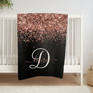 Custom Rose Gold Glitzer Black Sparkone Monogram Fleecedecke