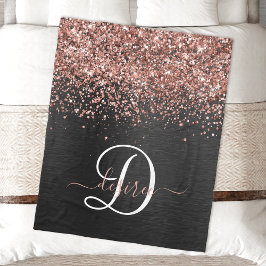 Custom Rose Gold Glitzer Black Sparkone Monogram Fleecedecke