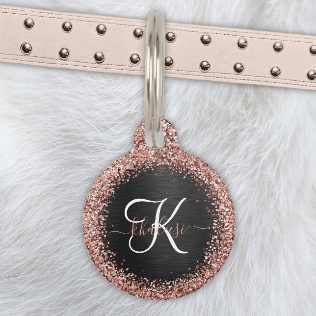 Custom Rose Gold Glitzer Black Sparkone Monogram Haustiermarke (Von Creator hochgeladen)