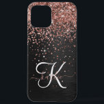 Custom Rose Gold Glitzer Black Sparkone Monogram iPhone 12 Pro Max Hülle<br><div class="desc">Dieses elegante und stilvolle Handy-Gehäuse mit hübschem vergoldetem Glitzer aus Rose auf schwarz gebürstetem metallischem Hintergrund ist einfach zu personalisieren.</div>