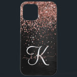 Custom Rose Gold Glitzer Black Sparkone Monogram iPhone 12 Pro Max Hülle<br><div class="desc">Dieses elegante und stilvolle Handy-Gehäuse mit hübschem vergoldetem Glitzer aus Rose auf schwarz gebürstetem metallischem Hintergrund ist einfach zu personalisieren.</div>
