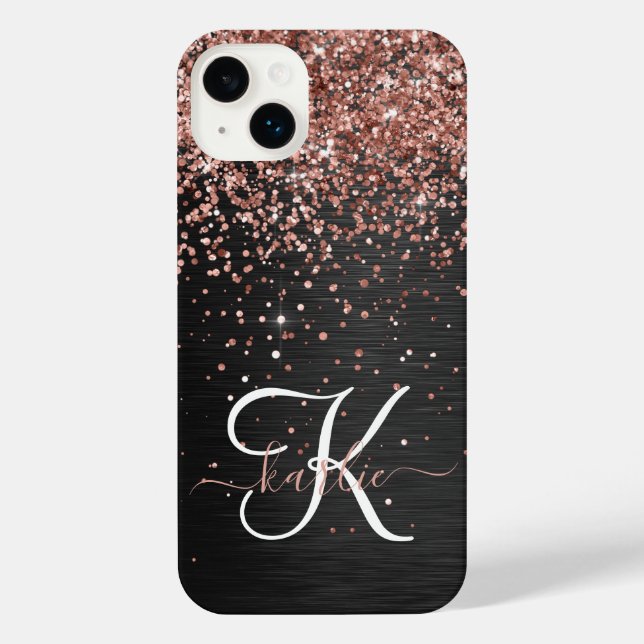 Custom Rose Gold Glitzer Black Sparkone Monogram iPhone 14 Plus Hülle (Rückseite)