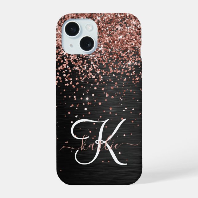 Custom Rose Gold Glitzer Black Sparkone Monogram iPhone 15 Hülle (Rückseite)
