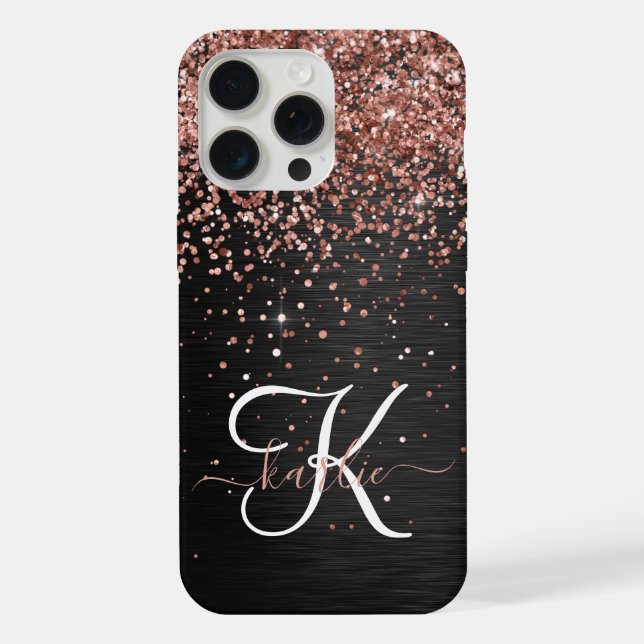 Custom Rose Gold Glitzer Black Sparkone Monogram iPhone 15 Pro Max Hülle (Rückseite)