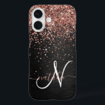 Custom Rose Gold Glitzer Black Sparkone Monogram iPhone 16 Hülle<br><div class="desc">Dieses elegante und stilvolle Handy-Gehäuse mit hübschem vergoldetem Glitzer aus Rose auf schwarz gebürstetem metallischem Hintergrund ist einfach zu personalisieren.</div>