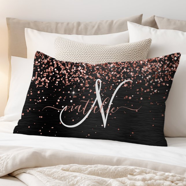 Custom Rose Gold Glitzer Black Sparkone Monogram Kissenbezug (Von Creator hochgeladen)