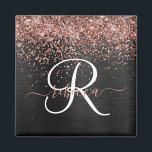 Custom Rose Gold Glitzer Black Sparkone Monogram Magnet<br><div class="desc">Dieses trendige,  elegante Magnetdesign mit hübschem vergoldeten Glitzer aus Rose auf schwarz gebürstetem metallischem Hintergrund ist einfach zu personalisieren.</div>