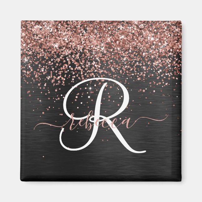 Custom Rose Gold Glitzer Black Sparkone Monogram Magnet (Vorne)