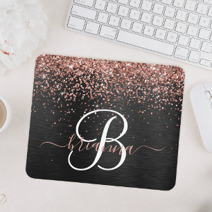 Custom Rose Gold Glitzer Black Sparkone Monogram Mousepad