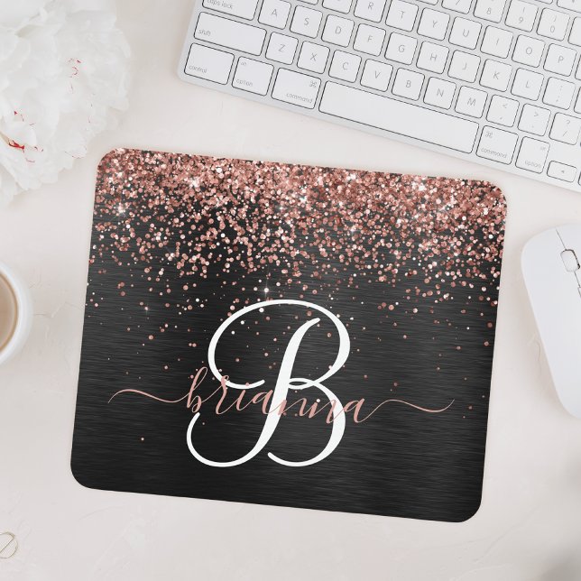 Custom Rose Gold Glitzer Black Sparkone Monogram Mousepad (Von Creator hochgeladen)