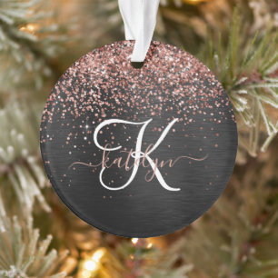 Custom Rose Gold Glitzer Black Sparkone Monogram Ornament