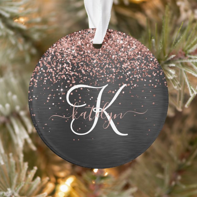 Custom Rose Gold Glitzer Black Sparkone Monogram Ornament (Baum)