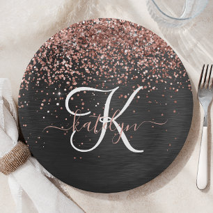 Custom Rose Gold Glitzer Black Sparkone Monogram Pappteller