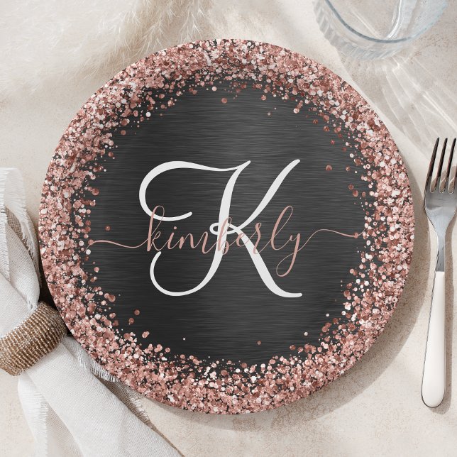 Custom Rose Gold Glitzer Black Sparkone Monogram Pappteller (Von Creator hochgeladen)