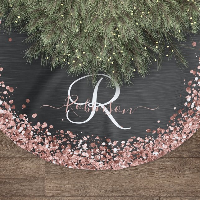 Custom Rose Gold Glitzer Black Sparkone Monogram Polyester Weihnachtsbaumdecke (Von Creator hochgeladen)