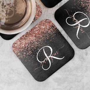 Custom Rose Gold Glitzer Black Sparkone Monogram Rechteckiger Pappuntersetzer