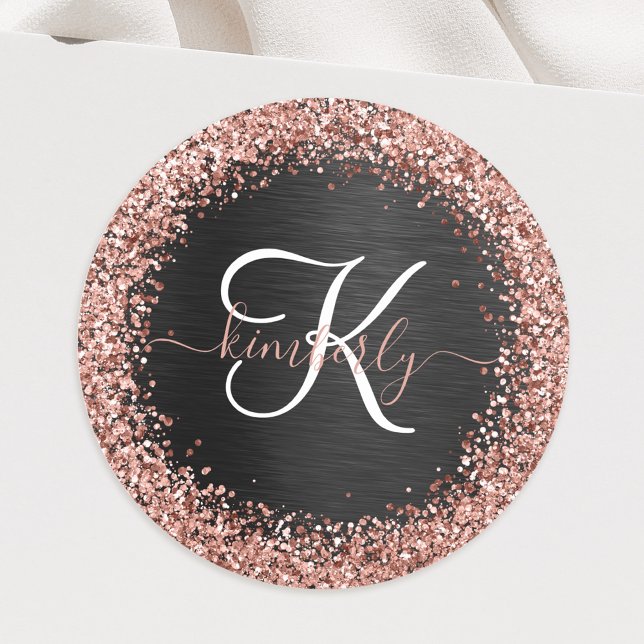 Custom Rose Gold Glitzer Black Sparkone Monogram Runder Aufkleber (Von Creator hochgeladen)