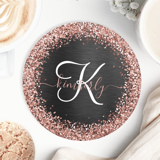 Custom Rose Gold Glitzer Black Sparkone Monogram Runder Pappuntersetzer (Von Creator hochgeladen)