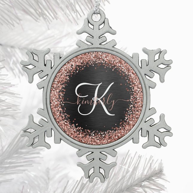 Custom Rose Gold Glitzer Black Sparkone Monogram Schneeflocken Zinn-Ornament (Von Creator hochgeladen)