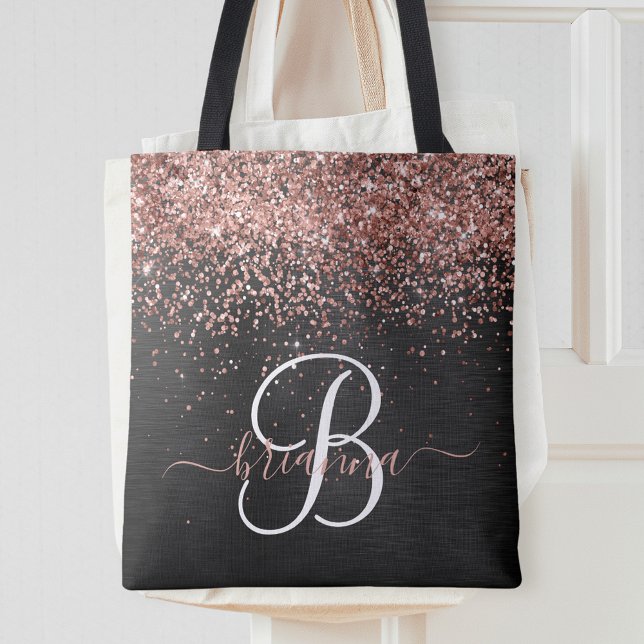 Custom Rose Gold Glitzer Black Sparkone Monogram Tasche (Von Creator hochgeladen)