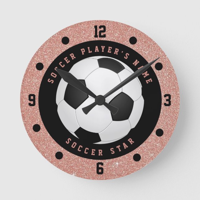 Custom Rose Gold Pink Girls Fußball Fußball Fußbal Runde Wanduhr (Vorderseite)