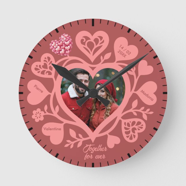 Custom Rose Photo Heart Wall Clock Runde Wanduhr (Vorderseite)