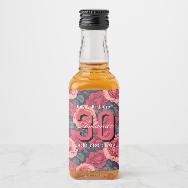 Custom Rose Themed 30Th Birthday Alkoholflaschenetikett (Vorderseite)