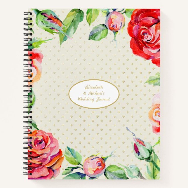 Custom Rote Rosen Gold Wedding Brautparty Chic Notizbuch (Vorderseite)