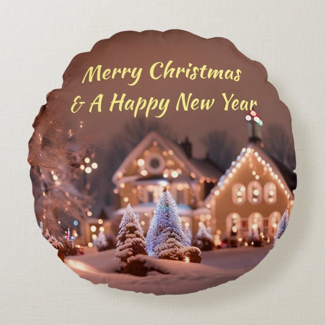 Custom Round Kissen mit Outdoorweihnachtszene (Vorderseite)