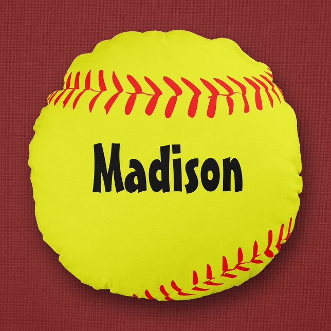 Custom Round Softball Pillow Rundes Kissen (Personalized round softball pillow with custom player name or text.)