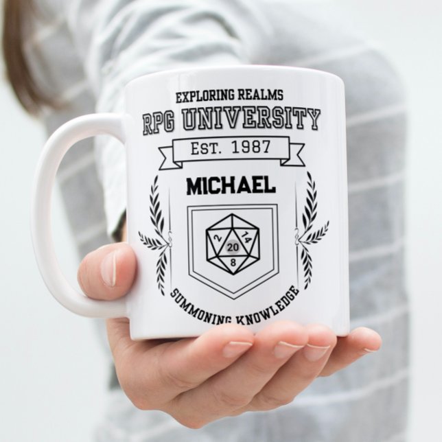 Custom RPG University - Funny RPG Liebhaber Zweifarbige Tasse (Woman holding a RPG University theme design mug.)