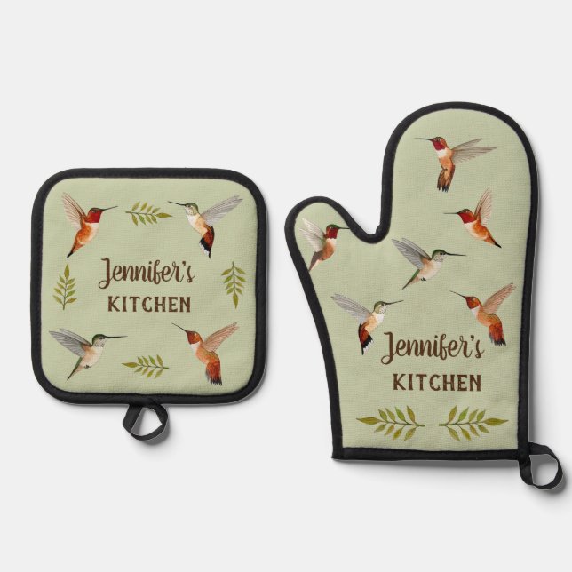 Custom Rufous Hummingbirds Ofenhandschuh & Topflappen-Set (Vorderseite)