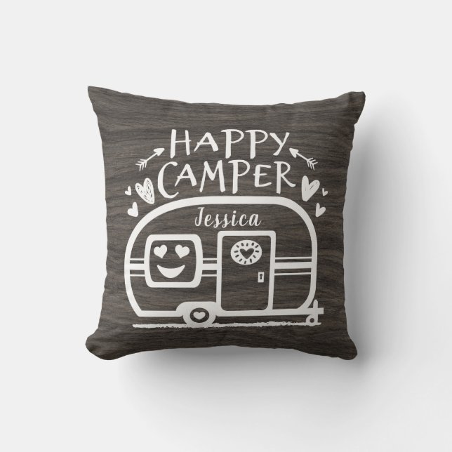 Custom Rustic Camping Happy Camper Dark Rv Kissen (Vorderseite)