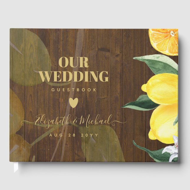 Custom Rustic Lemons and Blätter Wedding Guest Boo Gästebuch (Vorderseite)