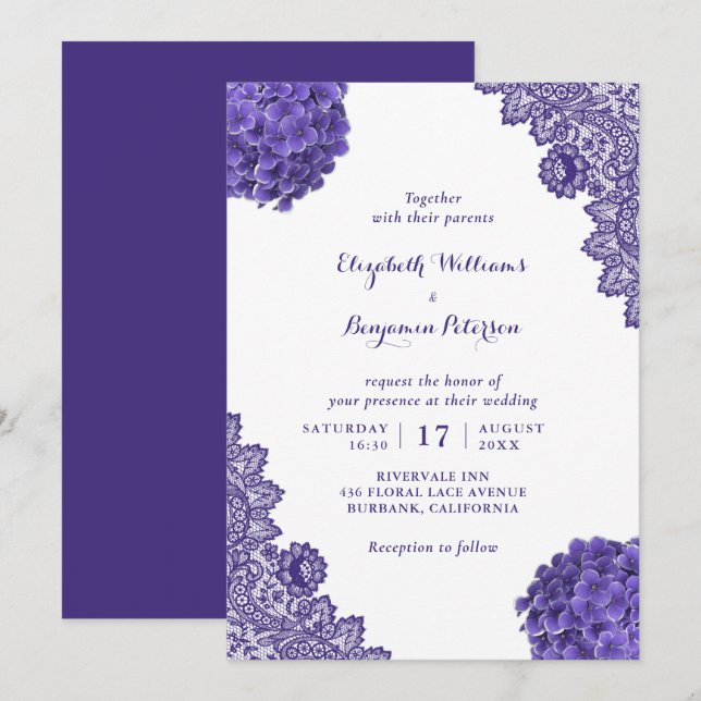 Custom Rustic Lila Hydrangea Floral Lace Wedding Einladung (Vorne/Hinten)